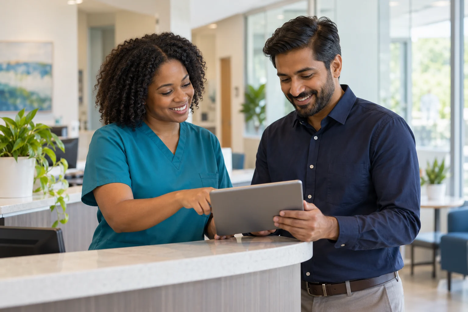 Healthcare professionals discussing administrative work in a bright medical office